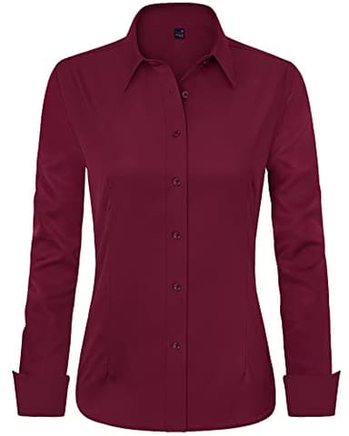 J.VER Long Sleeve Shirts for Women Wrinkle Free Button Down Shirt Office Work Dressy Petite Tops for Business Casual Trendy Burgundy Large - Image 1