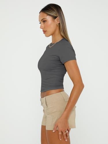 AUTOMET Womens 3 Piece Short Sleeve Shirts Basic Going Out Slim Fitted Crop Tops 2025 Summer Y2k Clothes Black,White,Gray M - Image 5