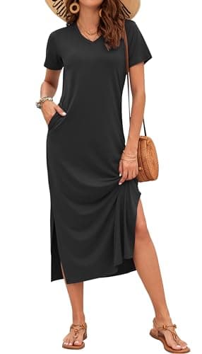 MISFAY Women Summer Midi Dresses Casual Loose Short Sleeve Dress Split Maxi Beach Sundress Travel Vacation Dress with Pockets Black - Image 1