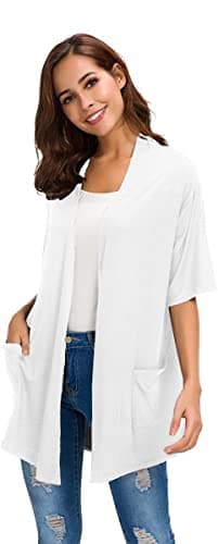 ADANIKI Womens Short Sleeve Open Front Lightweight Casual Comfy Long Line Drape Hem Soft Modal Cardigans Sweater with Two Pockets (White, XL) - Image 3