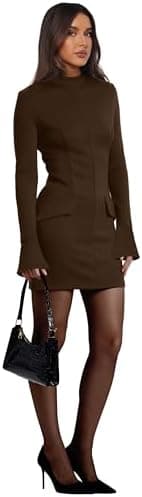 OFEEFAN Women's Fall Long Sleeve Mock Neck Dress Basic Party Club Bodycon Mini Dresses - Image 5