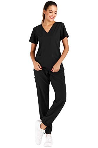 Minty Mint Women's Solid Stretch Medical Scrubs Sets V Neck Top Slim Jogger Pants Black PXS - Image 1