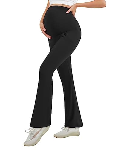 HEGALY Women's Maternity Flare Leggings Over The Belly - Casual Pregnancy Yoga Pants with Pockets Buttery Soft Black - Image 7