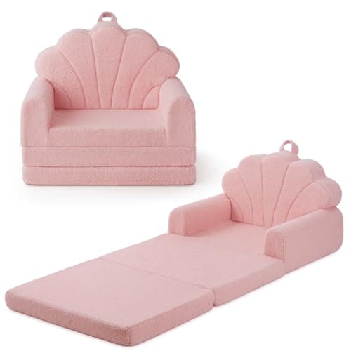 Blissful Diary Kids Couch, 2-in-1 Soft Toddler Couch Fold Out, Toddler Chair Comfy, Convertible Sofa to Lounger, Kids Furniture for Playroom, Gift for Birthday, Children's Day, Pink Shell - Image 1