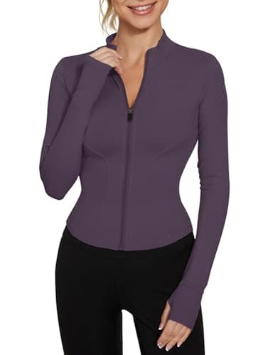 LUYAA Workout Jackets Women Fall 2024 Long Sleeve Athletic Golf Shirts Sports Active Crop Top Slim Fit Dark Grey Purple M - Image 1