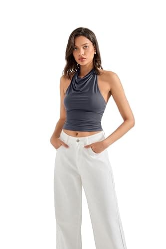 SUUKSESS Women Halter Backless Tank Tops Sexy Cowl Neck Summer Going Out Tops Sleeveless Camisole Top (Ash,XS) - Image 2