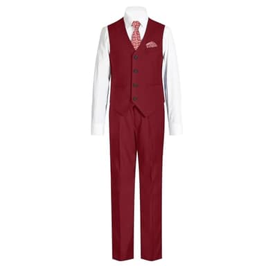 Marvelous Kids Boys 6-Piece V-Neck Formal Slim Fit Vest Suit Set, Burgundy, Size 8 - Image 4