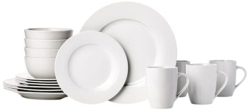 Amazon Basics 16-Piece Porcelain Kitchen Dinnerware Set with Plates, Bowls and Mugs, Service for 4 - White - Image 1