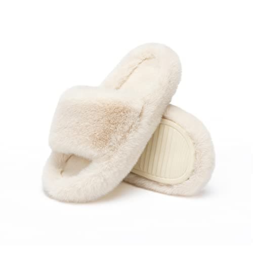 Chantomoo Women's Slippers Memory Foam House Bedroom Slippers for Women Fuzzy Plush Comfy Faux Fur Lined Slide Shoes Anti-Skid Sole Trendy Gift Slippers Beige Size7 8 6.5 - Image 1