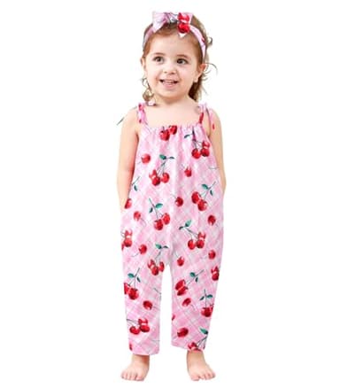 Lindanina 4T Girls Summer Clothes Toddler Red Cherry Romper Jumpsuits Kids Outfits 5T Cute Adjustable Tie-Up Strap One Piece Sleeveless Soft Casual Jumper with Pocket Headband Beach - Image 1
