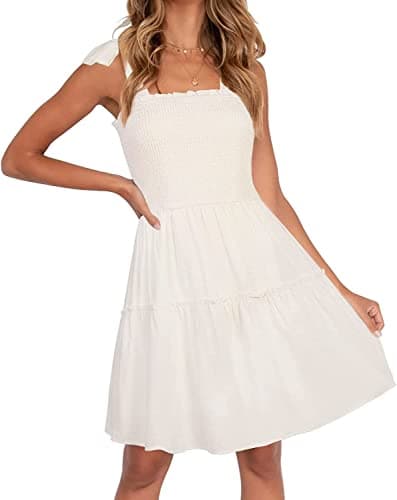 ZESICA Women's 2025 Summer Spaghetti Strap Sleeveless Square Neck Ruffle A Line Swing Mini Dress,Ivory,Small - Image 1