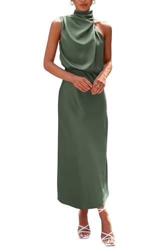 PRETTYGARDEN Women's 2025 Summer Satin Dress Elegant Sleeveless Mock Neck Cocktail Party Maxi Dresses (Army Green,Large) - Image 1