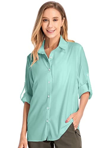 Women's UPF 50 Long Sleeve Sun Protection Shirts Quick Dry Outdoor Fishing Hiking Travel Shirt (5019 Green, Medium) - Image 1