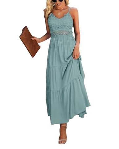 Dokuritu Women's Beach Crochet Lace Maxi Dress Solid Color Sage Green Wedding Guest Summer Spaghetti Strap Long Boho Dress 2024 (MintGreen, M) - Image 1