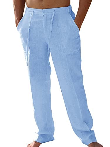 PASLTER Mens Casual Linen Pants Loose Fit Straight-Legs Elastic Drawstring Waist Summer Beach Yoga Long Pants A-Blue - Image 1
