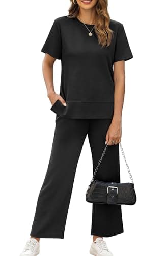 XIEERDUO Women's Two Piece Outfits 2 Pc Lounge Set Summer Travel Vacation Short Sleeve Tracksuit Spring Wide Leg Loungewear Crewneck Sweatsuit Loose Fit Clothes Black XXL - Image 1