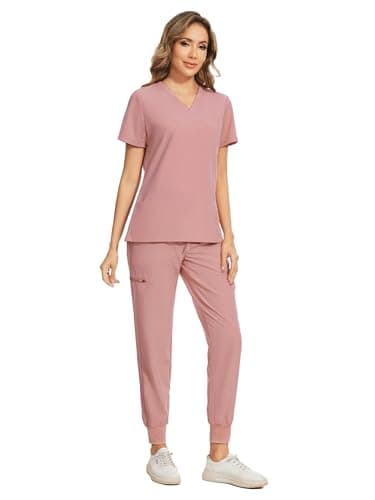 COZYFIT Women's Scrubs Set - Stretch V-Neck Top & Jogger Pant with 8 Pockets, Yoga Waistband, Anti Wrinkle, Slim Fit - Pink, S - Image 3