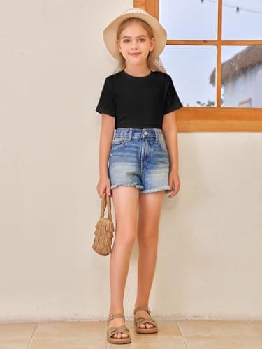 Girls Short Sleeve T Shirts Kids Summer Tops Crewneck Tees 5-14 Years Black - Image 5