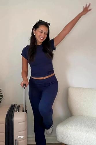 ZFLM Casual Workout Two Piece Outfits for Women Short Sleeve Crop High Waist Foldover Flare Pants Tracksuit Sets Streetwear - Image 3