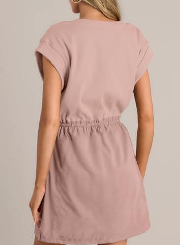 BLENCOT Womens Casual Summer Patchwork Short Sleeve Mini Dresses Crewneck Ruched Waist Drawstring Mini Street Dress P1310 X-Large with Pockets - Image 3