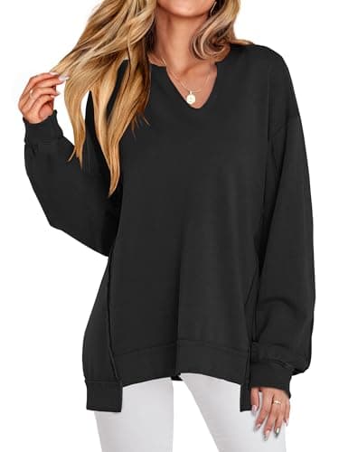 ANRABESS Women's Oversized Sweatshirts Long Sleeve Tunic Shirts V Neck Loose Pullover Tops 2025 Trendy Fall Teen Girls Outfit Black X-Large - Image 1