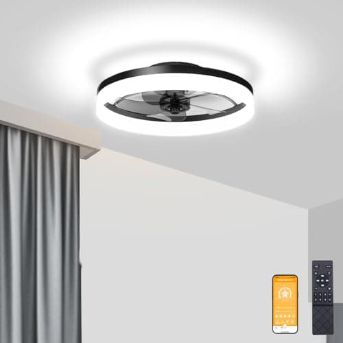 VOLISUN Low Profile Ceiling Fans with Lights and Remote, Fandelier Ceiling Fan Flush Mount, 3000K-6500K Smart Bladeless LED Fan Light, Black Modern Ceiling Fans with Lights for Bedroom - Image 1