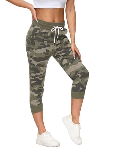 SPECIALMAGIC Women's Sweatpants Cropped Jogger French Terry Running Pants Lounge Loose Fit Drawstring Waist with Side Pockets Camouflage Army Green S - Image 1