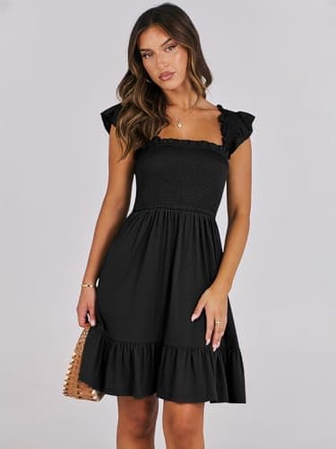 ANRABESS Women's Summer Casual Sleeveless Square Neck Dress 2025 Smocked Ruffle Backless Boho Beach Cute Teen Short Sundress Black Large - Image 9