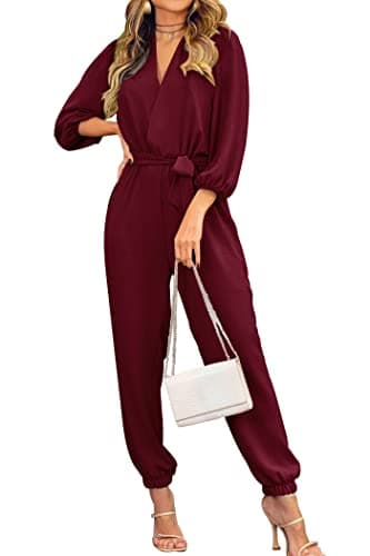 PRETTYGARDEN Women's Spring Fall Jumpsuits Casual Dressy One Piece Outfits V Neck Long Sleeve Belt Pockets Long Pants Romper (Wine Red,Small) - Image 1