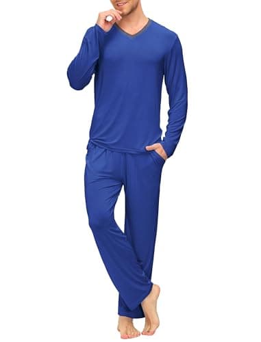 JINSHI Mens Pajamas Set Long Sleeve V Neck 2 Piece Sleepwear Pants with Pockets Lightweight Quick Dry Soft Good Elasticity-Deep blue L - Image 2