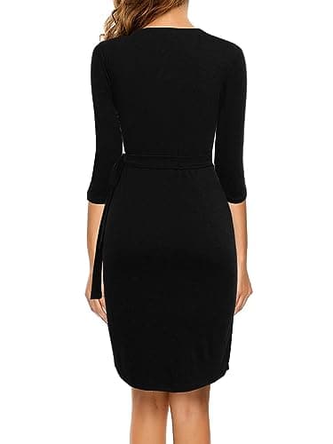 Berydress Women's Elegant Draped V Neck Knee Length Sheath Wedding Party Night Out Work Black Wrap Dress with 3/4 Sleeves (L, 6083-Black) - Image 2