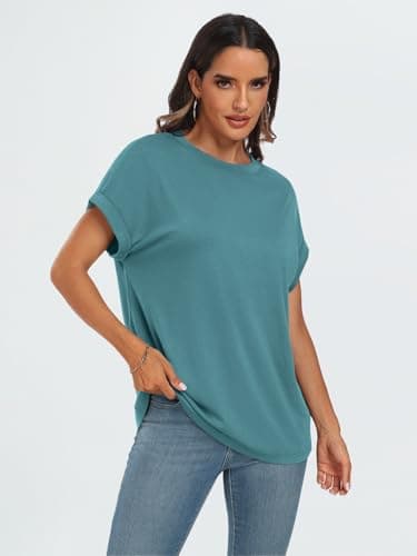 AUTOMET Womens Summer Tops Oversized Short Sleeve Business Casual Dressy T Shirts Trendy Fashion Clothes Spring Outfits 2025 Bluegreen XL - Image 3