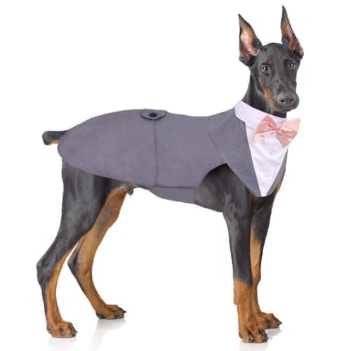 PUMYPOREITY Dog Tuxedo and Bandana Set, Formal Gentleman Dog Attire with Bowtie for Weddings, Birthdays, 2 Pieces/Pack, L, Grey - Image 1