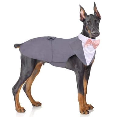 PUMYPOREITY Dog Tuxedo and Bandana Set, Formal Gentleman Dog Attire with Bowtie for Weddings, Birthdays, 2 Pieces/Pack, L, Grey - Image 1