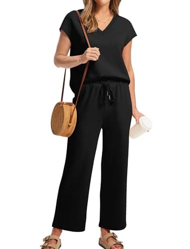 Two Piece Sets for Women Lounge Set Summer Travel School Outfits for Teachers Business Casual Matching Sets Women Clothing Beach Vacation Clothes Early Fall Fashion Wide Leg Crop Pants Black L - Image 2