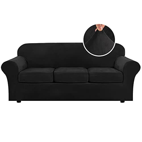 H.VERSAILTEX Modern Velvet Plush 4 Piece High Stretch Sofa Slipcover Sofa Cover Furniture Protector Form Fit Luxury Thick Velvet Sofa Cover for 3 Cushion Couch Width Up to 90 Inch (Sofa,Black) - Image 1