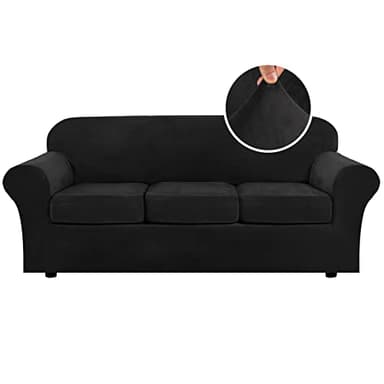 H.VERSAILTEX Modern Velvet Plush 4 Piece High Stretch Sofa Slipcover Sofa Cover Furniture Protector Form Fit Luxury Thick Velvet Sofa Cover for 3 Cushion Couch Width Up to 90 Inch (Sofa,Black) - Image 1