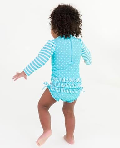 RuffleButts Baby Girls UPF 50+ Sun Protection Polka Dot Long Sleeve One Piece Rash Guard Swimsuit with Zipper - Bright Aqua Heart Polka, 0-3m - Image 4