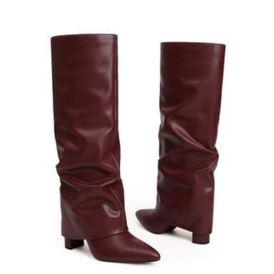 Modatope Burgundy Slouchy Shark Knee High Boots for Women Chunky Heel Fold Over Boots Pointed Toe Tall Boots Zipper Long Boot Size 6.5 - Image 3