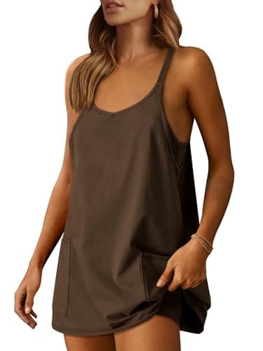 Caracilia Womens Summer Mini Dress 2025 Casual Sleeveless Built in Shapewear Sundress Trendy Short Tennis Athletic Outfits Deep Khaki XX-Large - Image 1