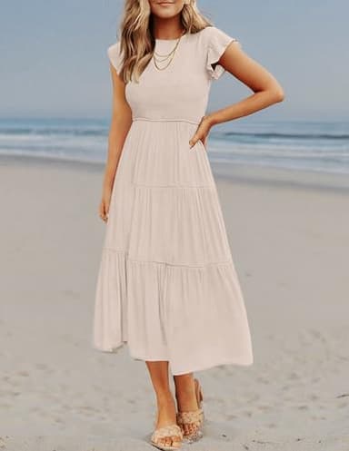ZESICA Women's 2025 Summer Casual Flutter Short Sleeve Crew Neck Smocked Elastic Waist Tiered Midi Dress,Apricot,Medium - Image 9