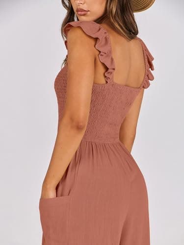 ANRABESS Women Summer Casual Dressy Sleeveless Smocked Wide Leg Linen Jumpsuits Rompers 2025 Trendy Travel Outfit Pocket Rust Medium - Image 4