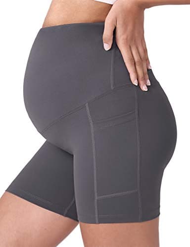 POSHDIVAH 2 Pcs Black Grey Women's Maternity Yoga Shorts Over The Belly Bump Summer Workout Running Active Short Pants with Pockets 5" Small - Image 2