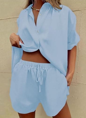 Fixmatti Women 2 Piece Outfit Linen Short Set Button Down Shirt High Waisted Shorts Blue M - Image 3