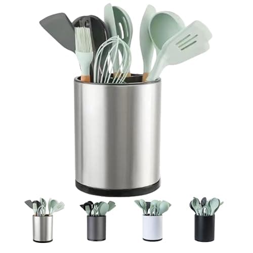 LIBODOUR Kitchen Utensil Holder Extra Large 360°Rotating For Counter Organizer Stainless Steel Storage Cooking Silverware Caddy 3 Compartment Flatware Spoon Spatula Tool Cutlery Container（Silvery） - Image 1