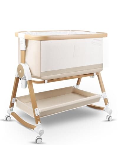 suihuooo 4 in 1 Baby Bassinet, Bassinets Bedside Sleeper with Wheels and Storage Basket, Adjustable 7 Heights Bedside Sleeper with Mosquito Net, Breathable Mesh Rocking Bassinet for Baby - Image 1