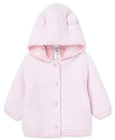 Little Me Clothes for Baby Girls' Essentials Hooded Bear Texture Cardigan Sweater, White/Pink, 3 Months - Image 1