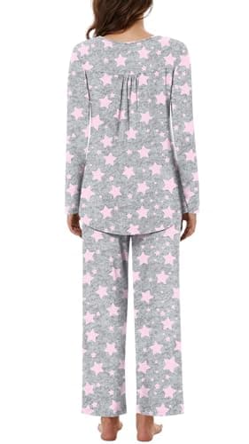 Bestbee Womens Pajama Set Plus Size, 2 Piece Lounge Outfits Pleated Sleepwear Sets Long Sleeve With Pockets Ladies Pjs, XL, Star Grey - Image 4