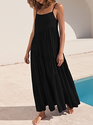ANRABESS Women Summer Casual Loose Sleeveless Sundress Spaghetti Strap Flowy Boho Linen Beach Vacation Maxi Long Dress Black Large - Image 3