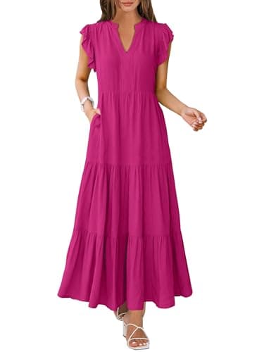 ANRABESS Womens Summer Casual Maxi Dress V Neck Ruffle Sleeve Long Dresses Fashion Flowy Tiered Boho Beach Vacation Sundress Hot Pink X-Large - Image 1